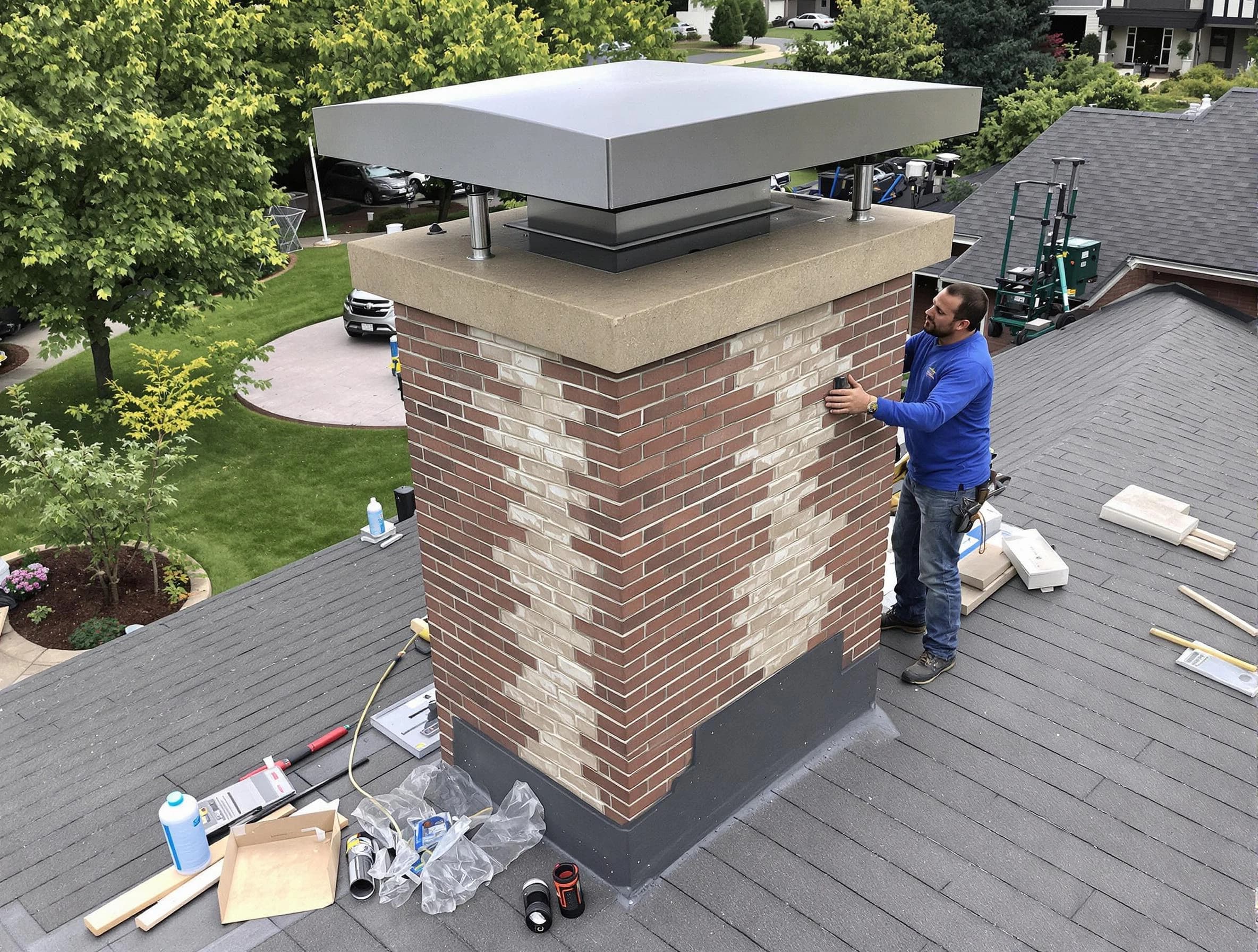 Norman Chimney Sweep team working on a custom chimney remodel in Norman, OK