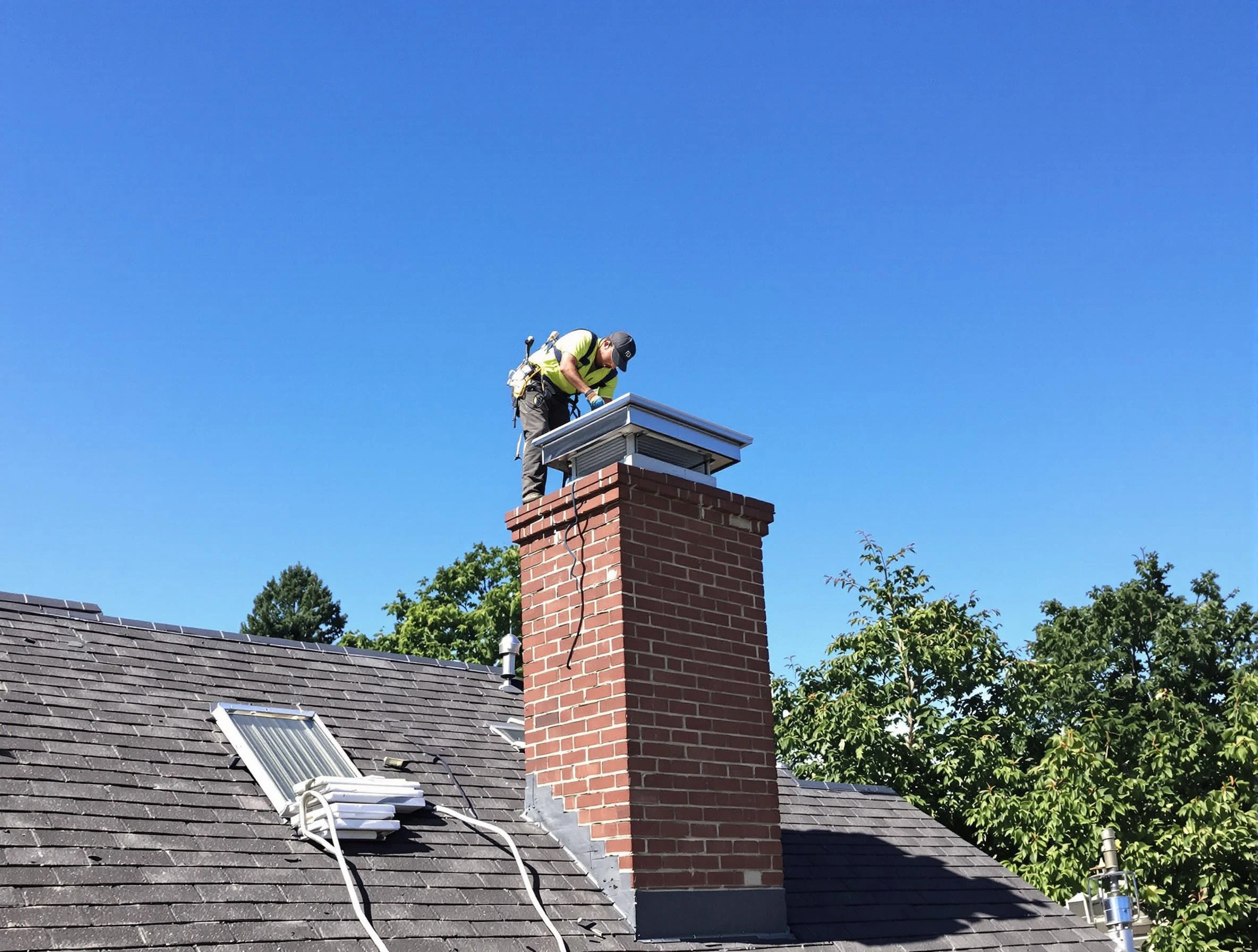 Norman Chimney Sweep technician measuring a chimney cap in Norman, OK